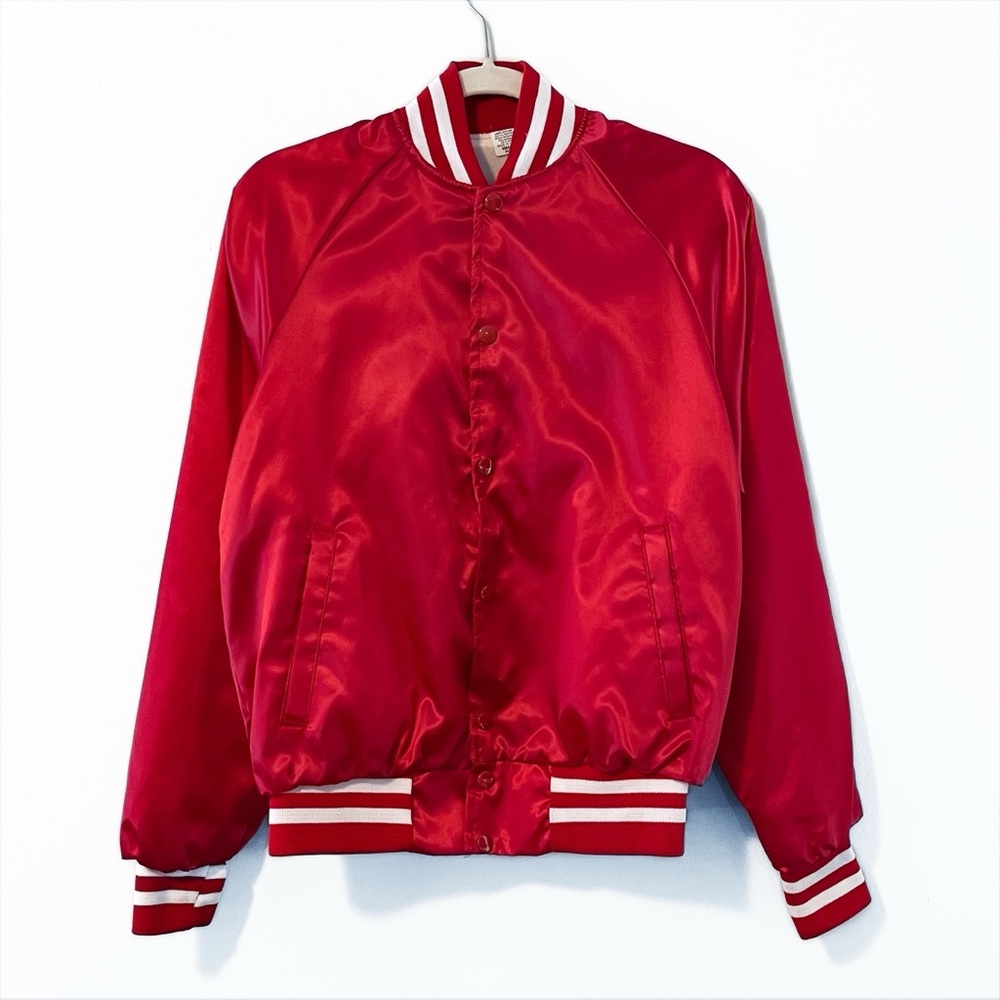 Vintage 80s | Red Satin Bomber Jacket Varsity Baseball Striped Trim
